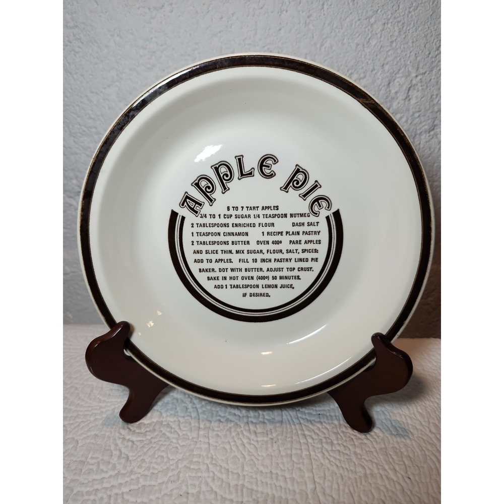 Vintage Apple Pie Recipe Pie Plate Ceramic 9" White w Brown Trim & Lettering EUC
